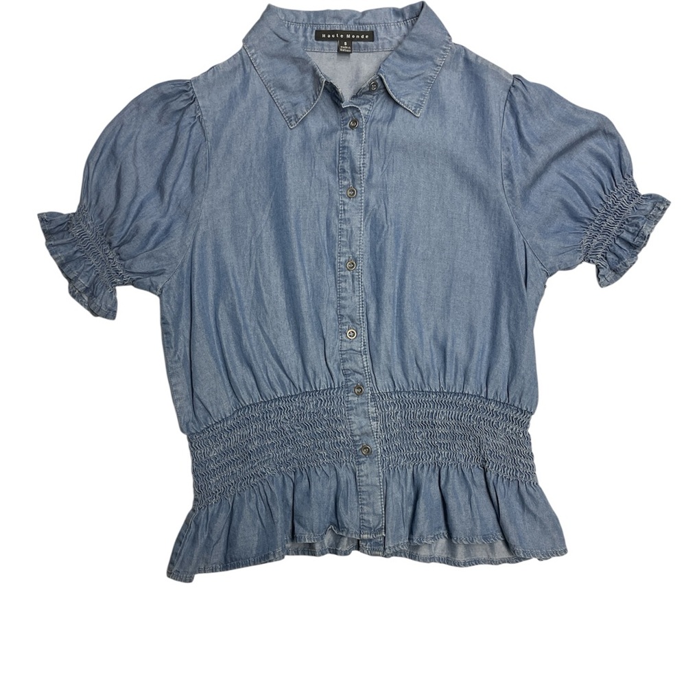 NWOT Preppy Blue Puff Sleeve Peplum  Denim Button-Up  Top Size‎ Small